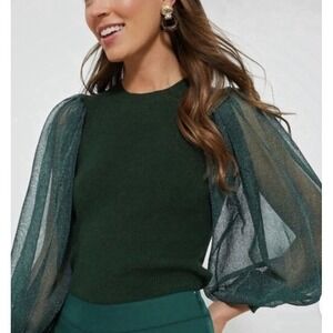Tuckernuck Betsy Knit Blouse green Sheer Balloon Sleeve Top NEW XXL Mixed Media